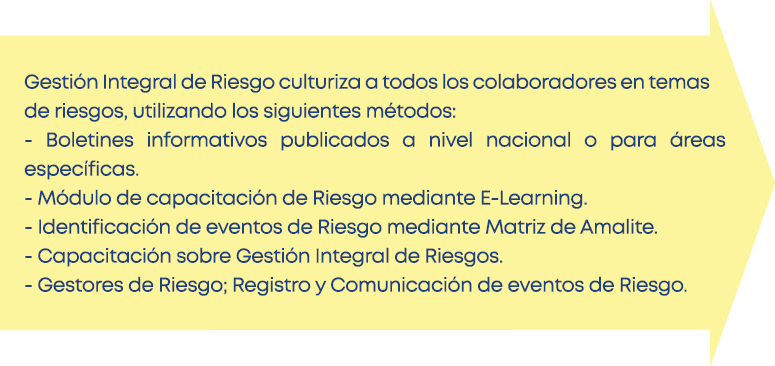 Gestión Integral de Riesgo culturiza a todos los colaboradores en temas de riesgos, utilizando los siguientes métodos   