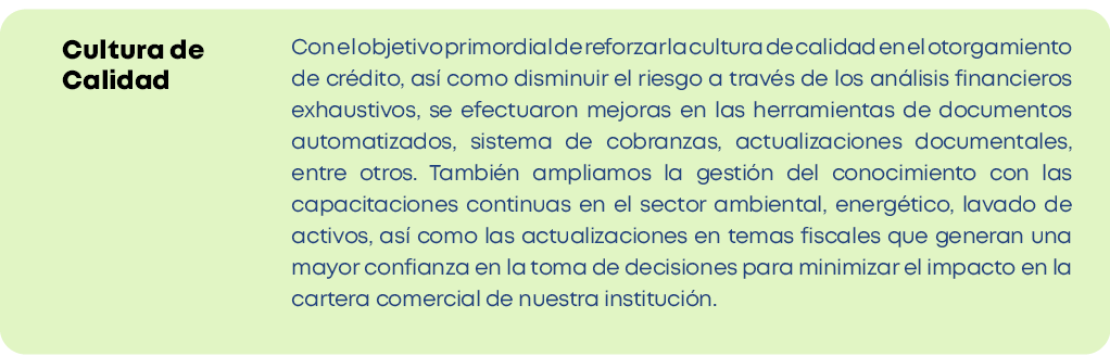Con el objetivo primordial de reforzar la cultura de calidad en el otorgamiento de crédito, así como disminuir el rie   