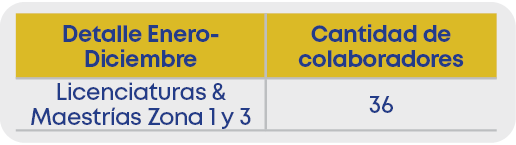 Detalle Enero Diciembre,Cantidad de colaboradores,Licenciaturas & Maestr as Zona 1 y 3,36