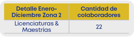 Detalle Enero Diciembre Zona 2,Cantidad de colaboradores,Licenciaturas & Maestr as ,22