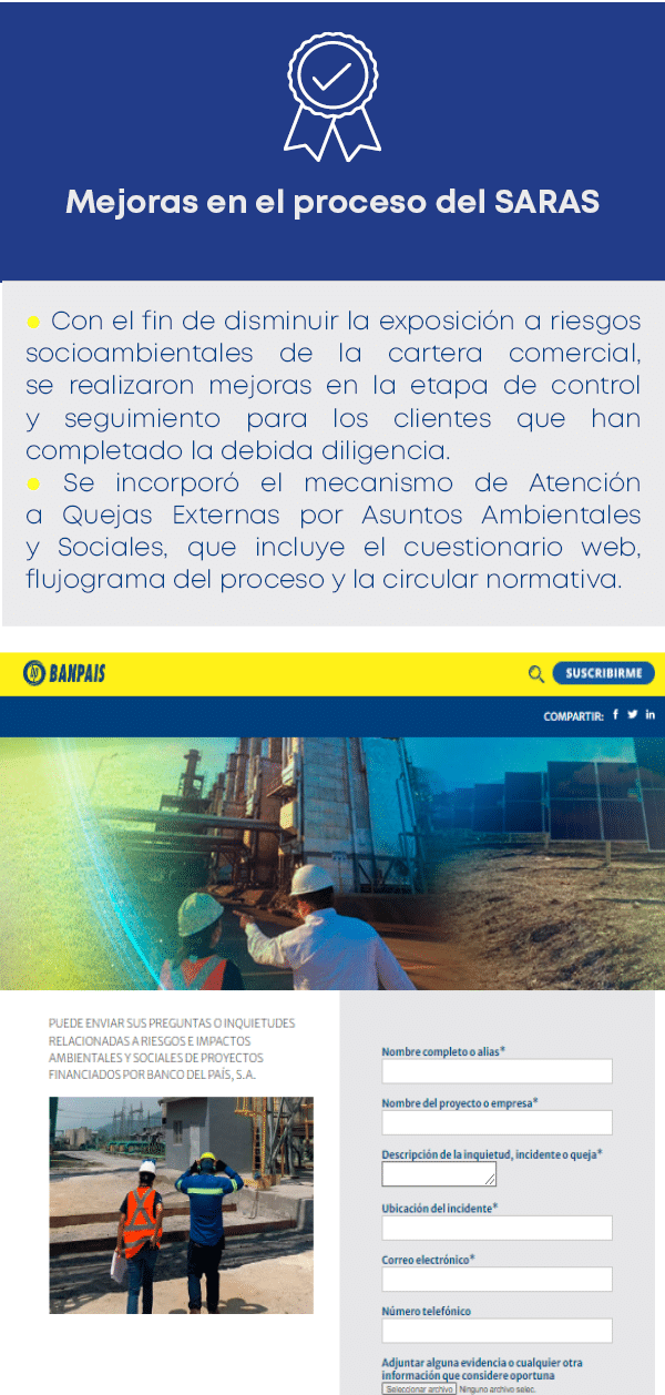  l Con el fin de disminuir la exposici n a riesgos socioambientales de la cartera comercial, se realizaron mejoras en...