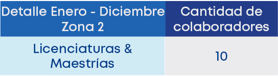 Detalle Enero Diciembre Zona 2,Licenciaturas & Maestr as,Cantidad de colaboradores ,1