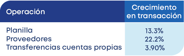 13.3% 22.2% 3.90%,Crecimiento en transacci n,Operaci n,Planilla Proveedores Transferencias cuentas propia