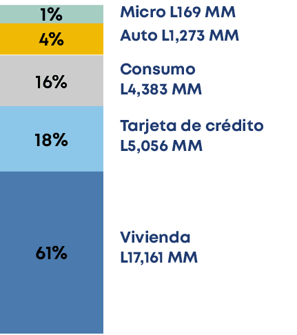 Vivienda L17,161 MM,Tarjeta de cr dito L5,056 MM,Consumo L4,383 MM,Auto L1,273 MM,Micro L169 MM,61%,18%,16%,4%,1