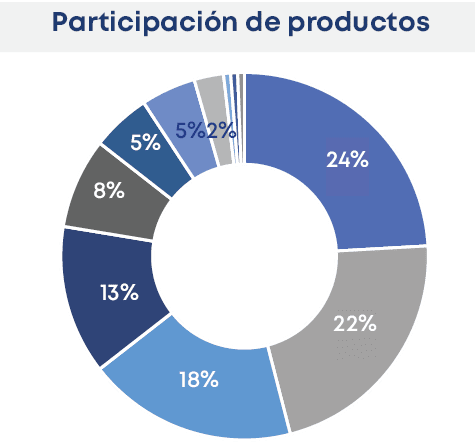 18% ,22% ,13% ,8% ,24% ,5% ,5%2% , Participaci n de productos 