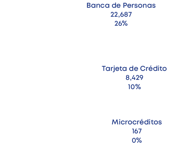 Tarjeta de Cr dito 8,429 10%,Microcr ditos 167 0%,Banca PYME 12,345 14%,Banca de Personas 22,687 26%,Banca de Empresa...
