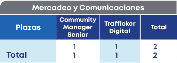 Mercadeo y Comunicaciones,Total,Plazas, Total,Trafficker Digital,Community Manager Senior,1 1,2 2,1 