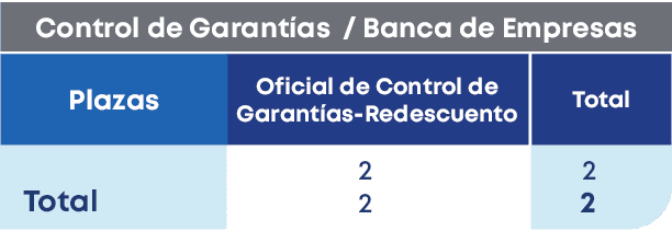Control de Garant as / Banca de Empresas ,Plazas, Total,Total,Oficial de Control de Garant as Redescuento,2 2,2 