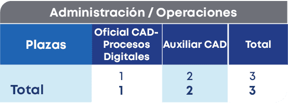 Administraci n / Operaciones,Total,Plazas, Total,Auxiliar CAD,Oficial CAD Procesos Digitales,1 1,3 3,2 