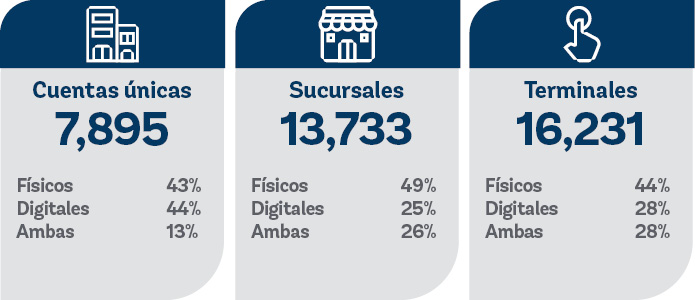 Terminales 16,231 F sicos 44% Digitales 28% Ambas 28%,Sucursales 13,733 F sicos 49% Digitales 25% Ambas 26%,Cuentas ...