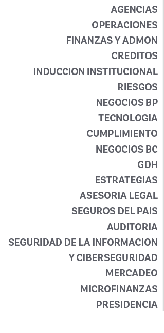 AGENCIAS OPERACIONES FINANZAS Y ADMON CREDITOS INDUCCION INSTITUCIONAL RIESGOS NEGOCIOS BP TECNOLOGIA CUMPLIMIENTO NE...